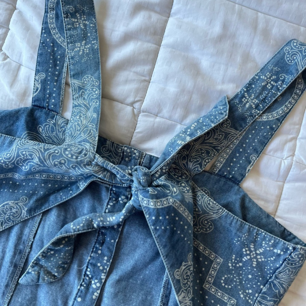SOLD BENJAMIN BITTEN Chambray Denim Paisley Print Tie Back Button Front Romper - Picture 11 of 16